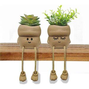 Set of 2 Smiley Face Succulent Planters with Artificial Plants Small Home Office